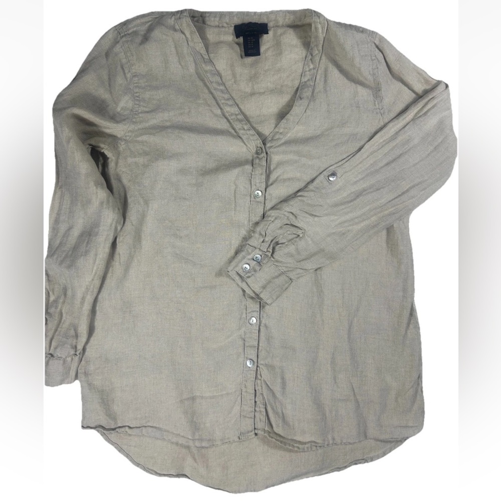 Rachel Roy 100% Linen Button Front Blouse Medium Beige Long Sleeve